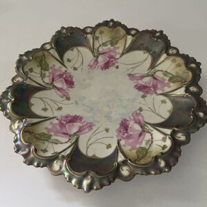 Vintage Hand-Painted Floral Porcelain Plate Pink Roses Scalloped Edge Iridescent